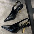 Black pointed-toe stiletto heels, 2025 new style, inspired by nazha's look, elegant patent leather sexy metal toe-cap sandals for women