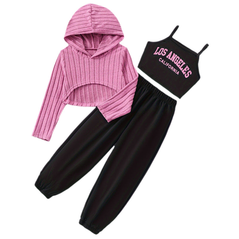 Girls' casual knitted pink hoodie sweatshirt, tank top, and drawstring sweatpants three-piece set for autumn (export quality)