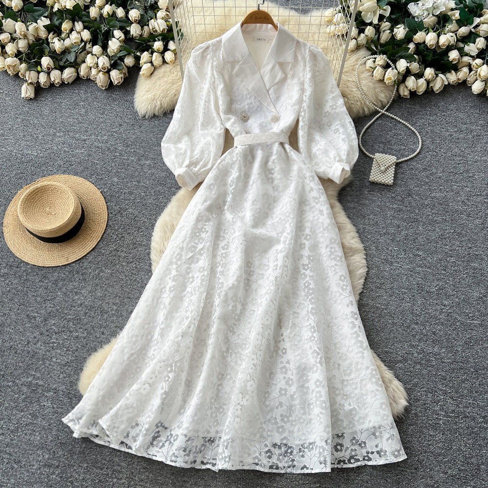 Frenchelegancev neck floral dress women's k-stylelong sleeves lapel waist a-line long skirt work clothingclassy