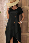 european and american cross-border  independent station new round neck button solid color short sleeve irregular dress