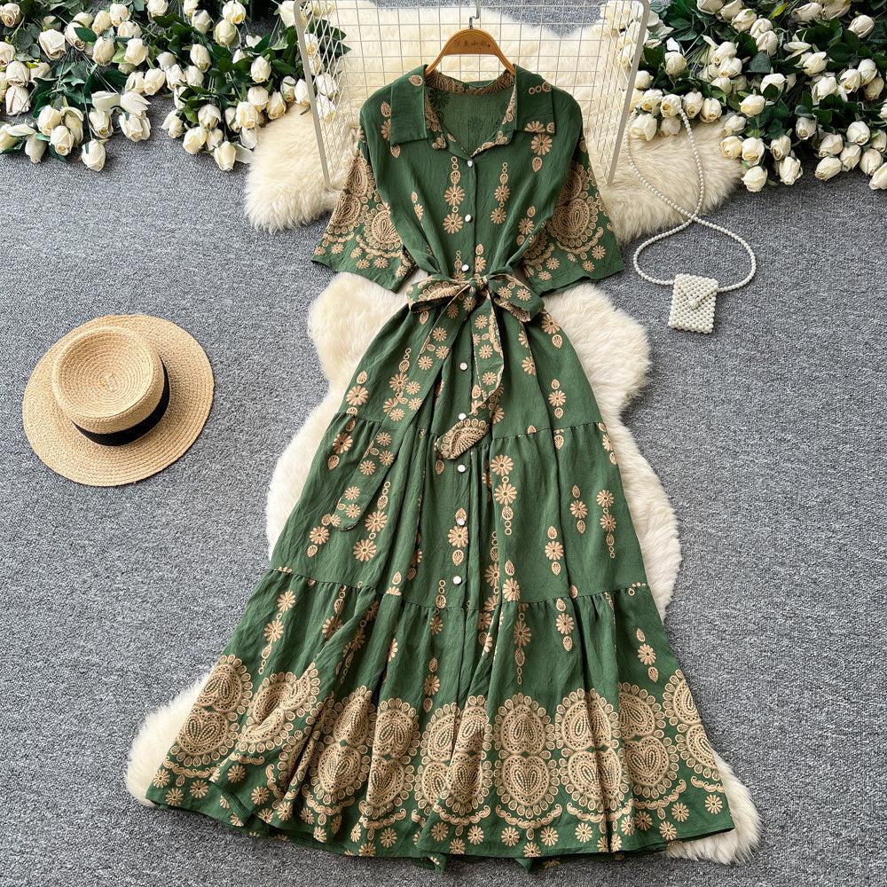 Korean style red printed embroidered dress - women's summer retro high-waisted tie-waist elegant a-line dress - commute outfit