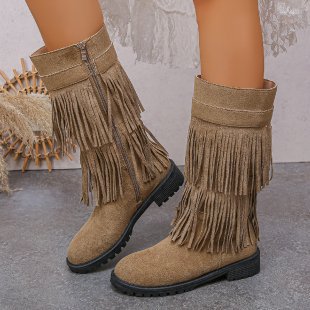 Cross-border large-size boots for women, autumn and winter fringed European and American wind side zipper, retro wind rivet knight boots for women