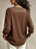 Plus size vintage ethnic style shirt - half button, printed, long sleeve, loose fit, flattering, versatile women's casual top