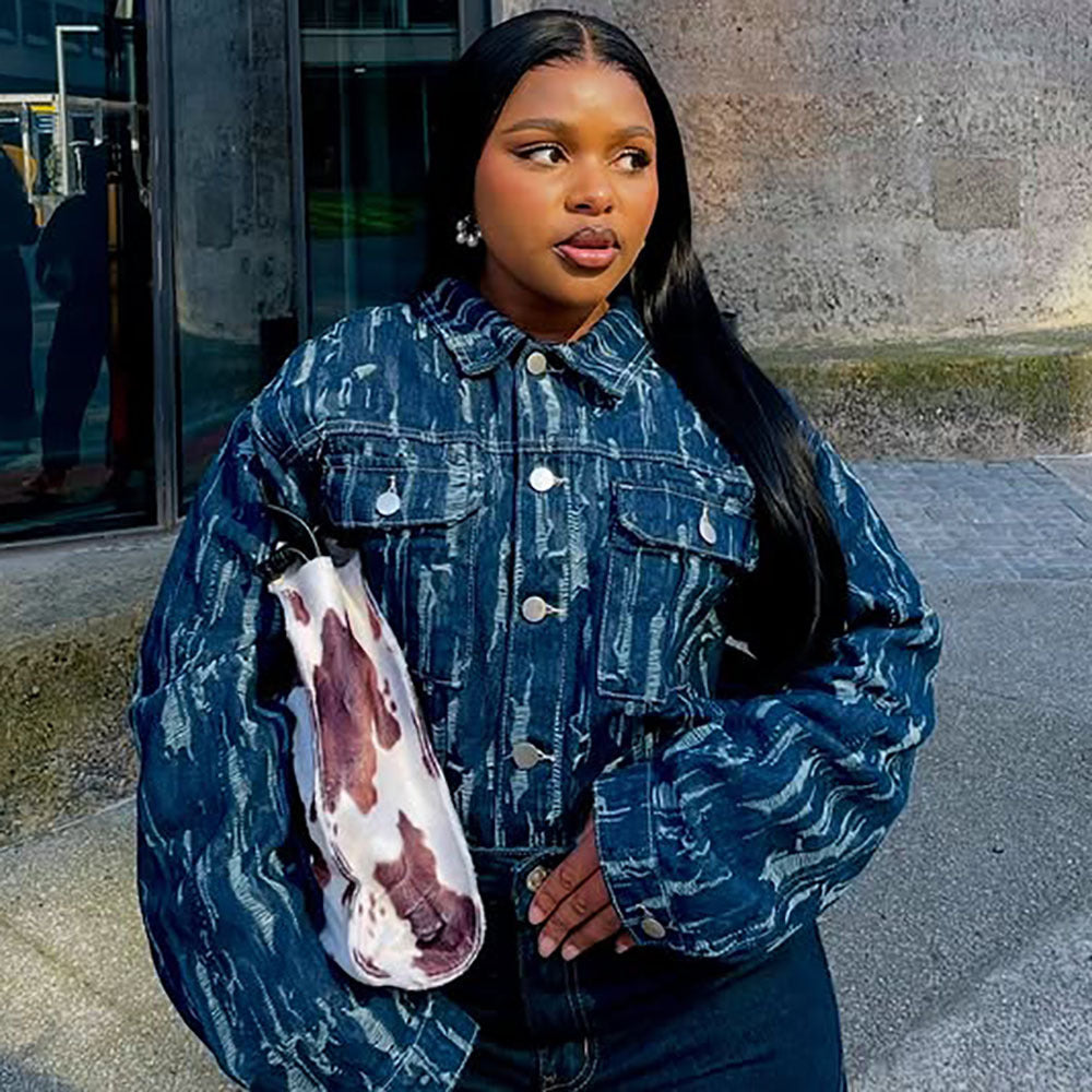 European and american style women's denim jacket -  autumn/winter cross-border fashion - streetwear casual hand-weathered long sleeve jacket