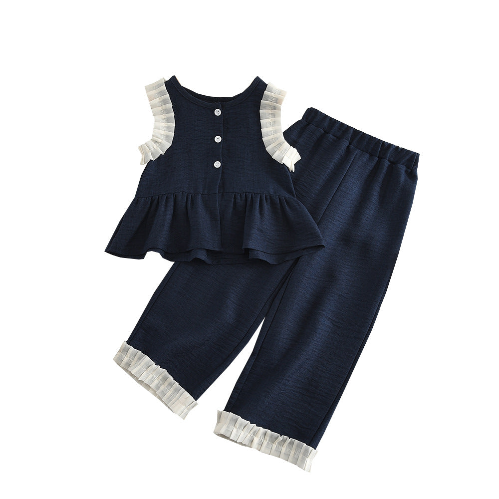 girls' stylish denim-look casual outfit - new summer collection: kids' tank top & wide-leg pants - trendy children's clothing for export