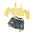 summer new arrival: trendy ins-style cross-border e-commerce export two-piece set for girls - off-shoulder cami with puff sleeves, sweet and adorable