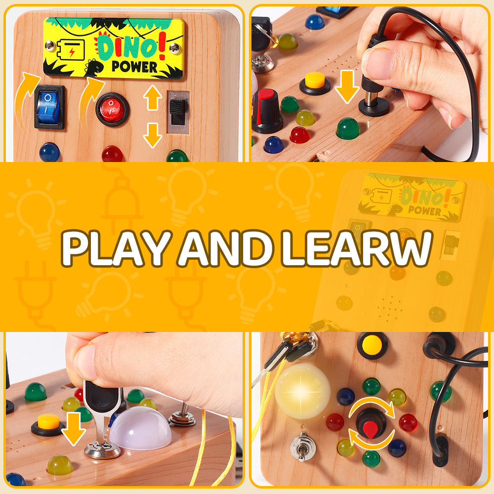Early educational busy board for toddlers and young children, ages 3-6, new wood grain design with led lights, power button, red and green colors, cross-border lighting fixture