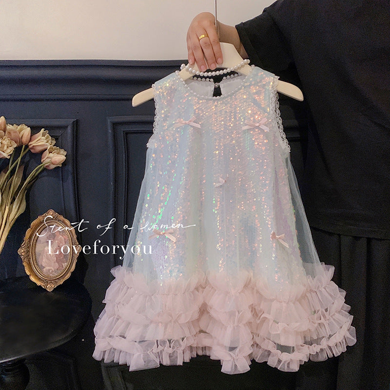 Girls' summer dress: new children's butterfly sequin tank dress, high-end formal princess dress for baby girls