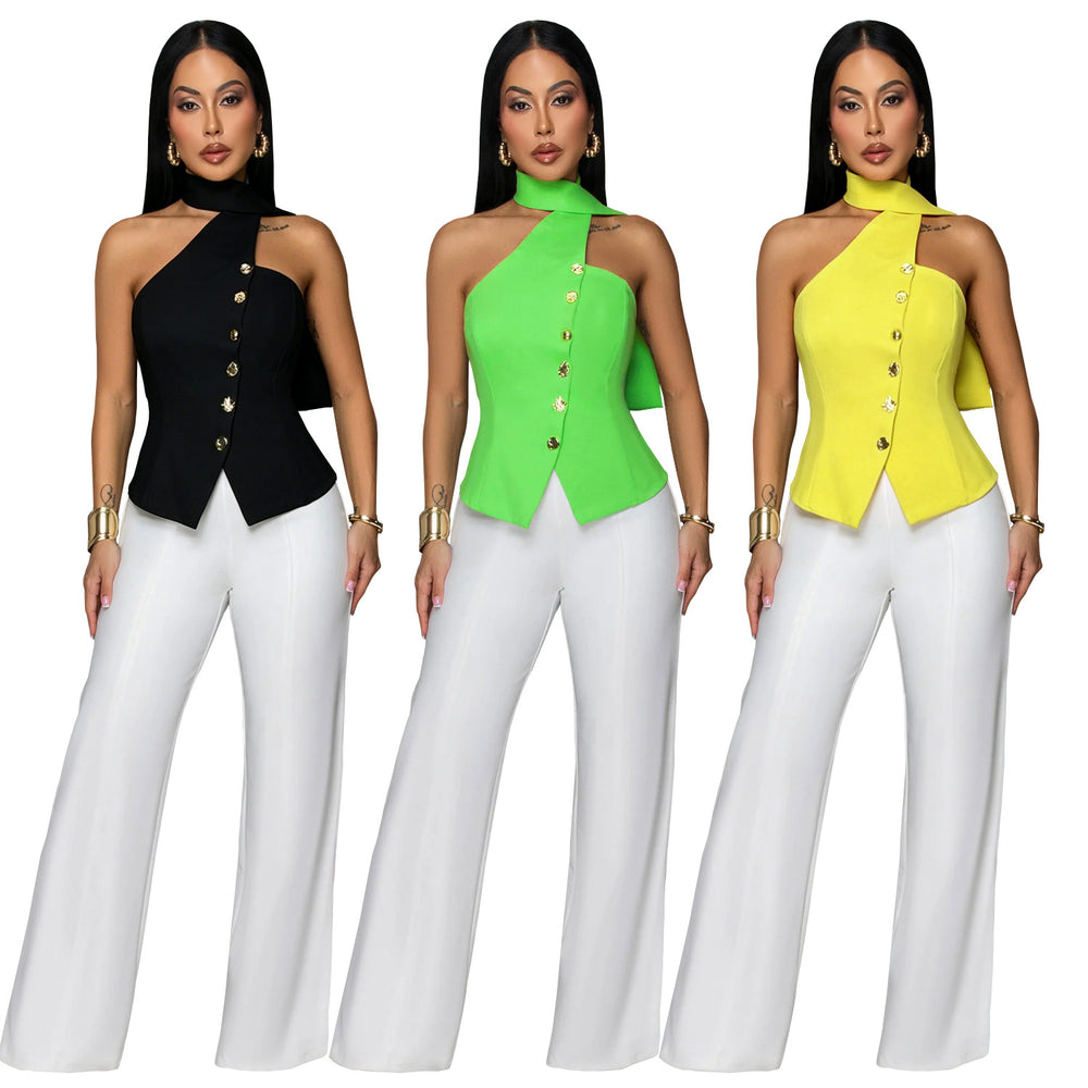 C7756 cross-border  new women's fashion european and american summer commute halter neck slim-fit top and wide-leg pants two-piece set