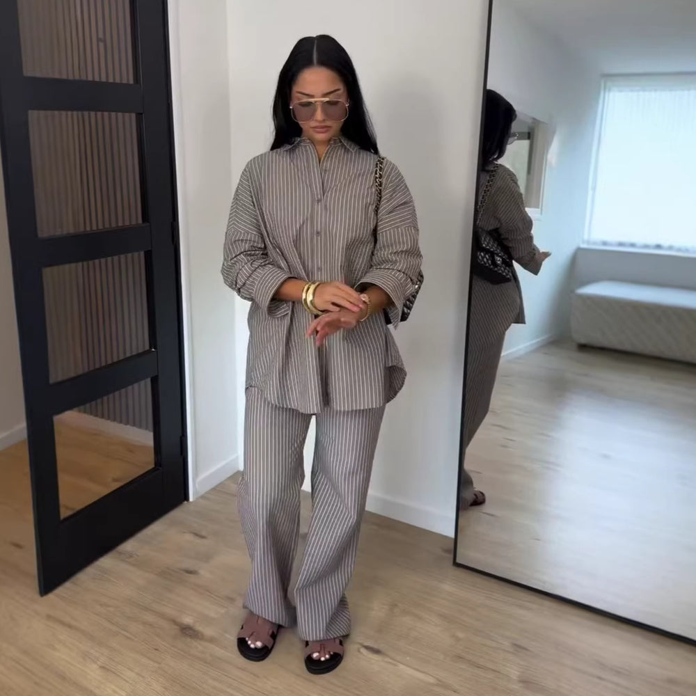 European and american cross-border women's fashion:  summer new collection - striped, loose-fit, long-sleeve shirt and wide-leg pants casual set