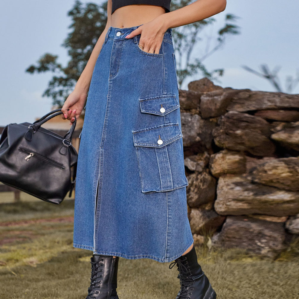 Fashion cross-border women's clothing  new arrival american hot girl elastic waist denim workwear casual mid-length skirt skirt