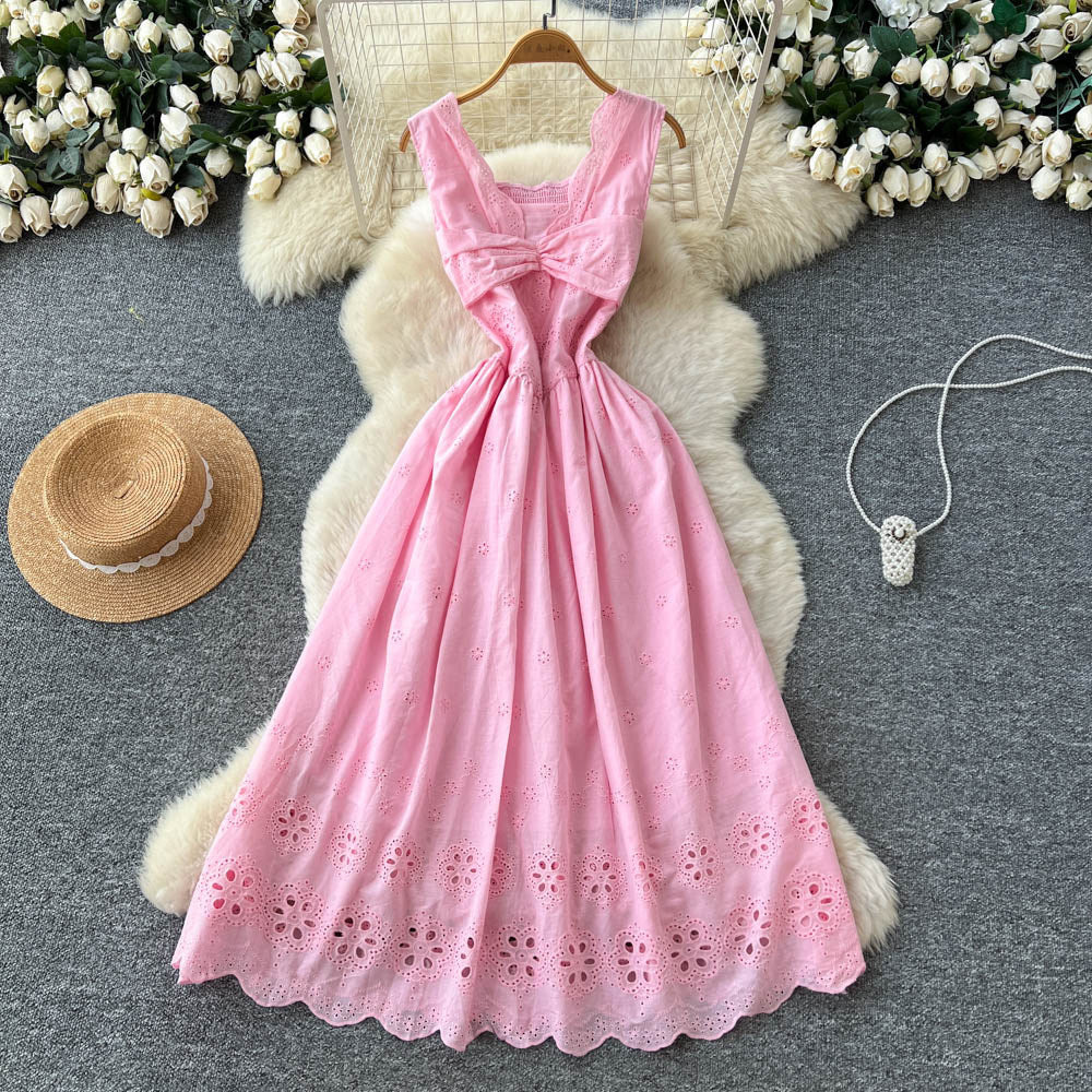 French red cut out sleeveless silmdress women's summer pure desire style high waist slimming lookelegant vacation style a-line skirt