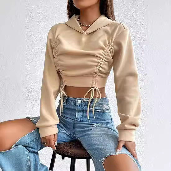 new european and american style high-waisted cropped sweatshirt with drawstring hood, solid color, versatile pullover top for women - trendy spring/autumn