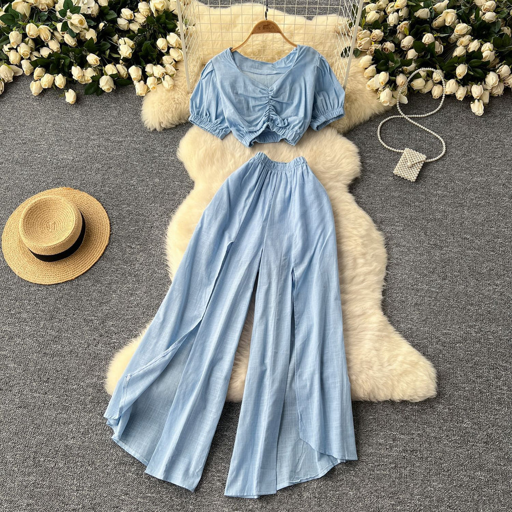 Sense of design scheming pleated v neckshort puff sleeve tops women's two-piece setsummerhigh waist slit loose pants