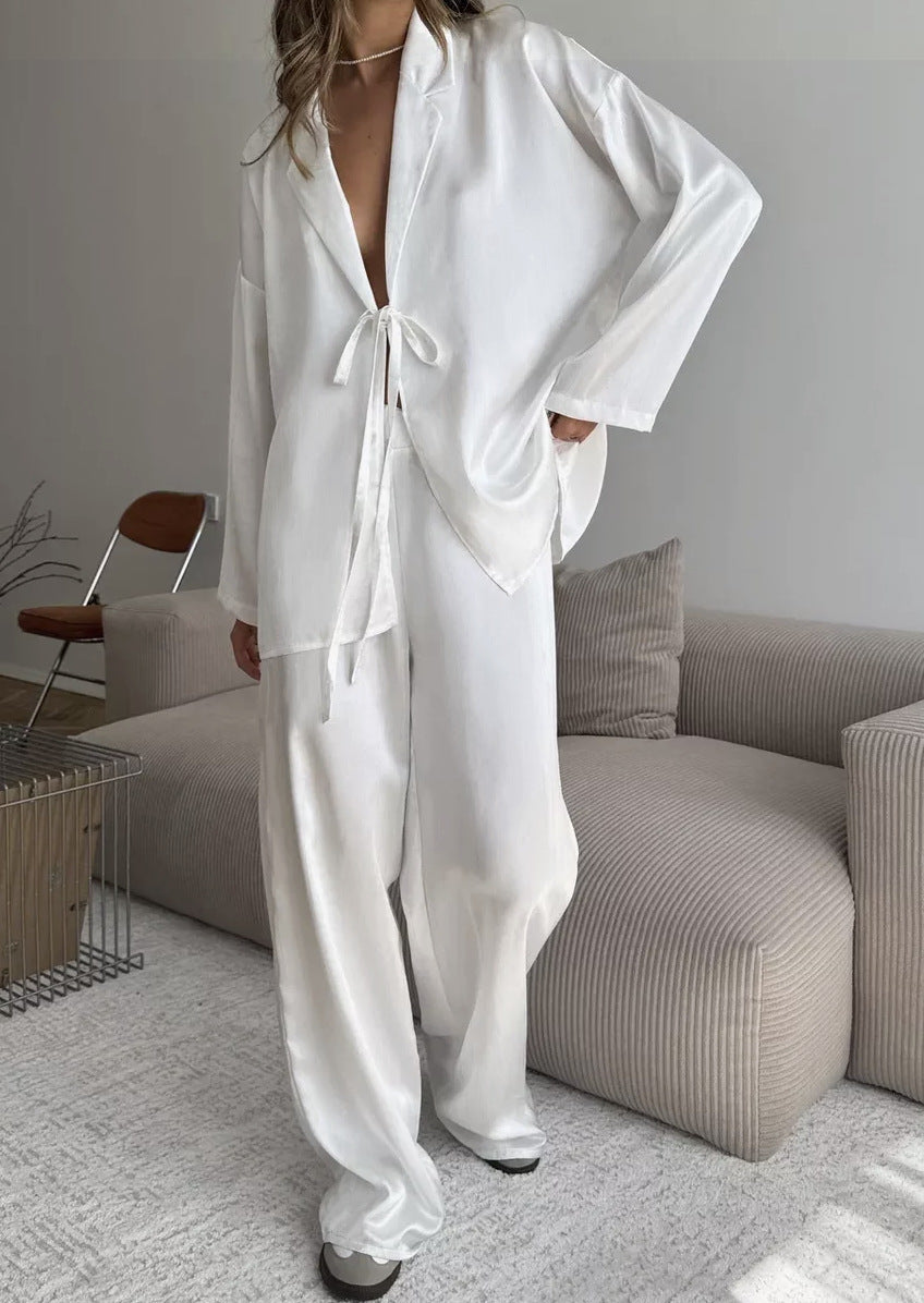 Europe, America,  hot design sense loose satin lace-up long-sleeved cardigan trousers two-piece set home out