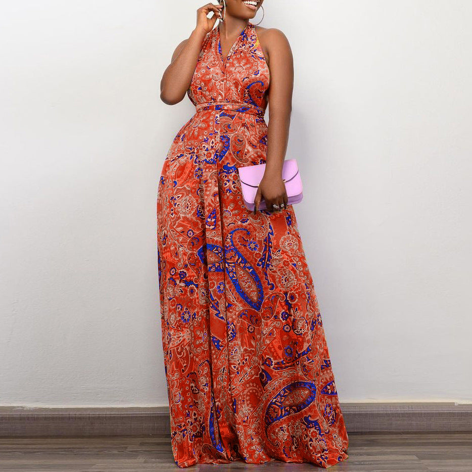 C8487 cross-border women's clothing  new european and american printing halter multi-wear beach african large size foreign trade jumpsuit