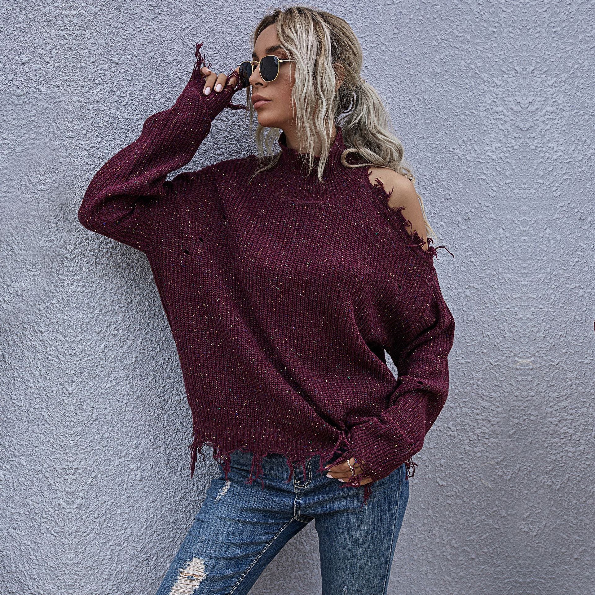 Europe, America, loose off-the-shoulder holes, long-sleeved turtleneck autumn knitted sweater, women's autumn popular women's clothing