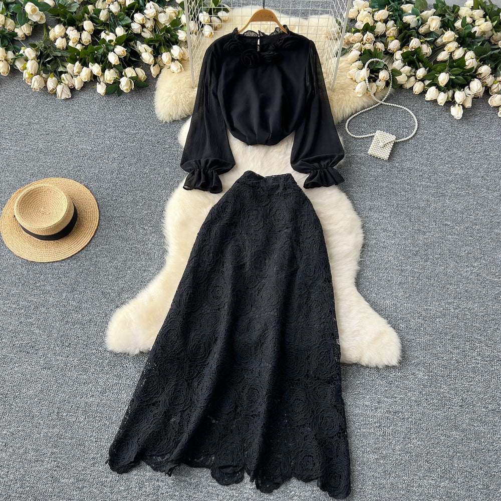 Elegant two-piece set: women's high-end 3d floral french long-sleeve blouse + high-waisted midi lace skirt