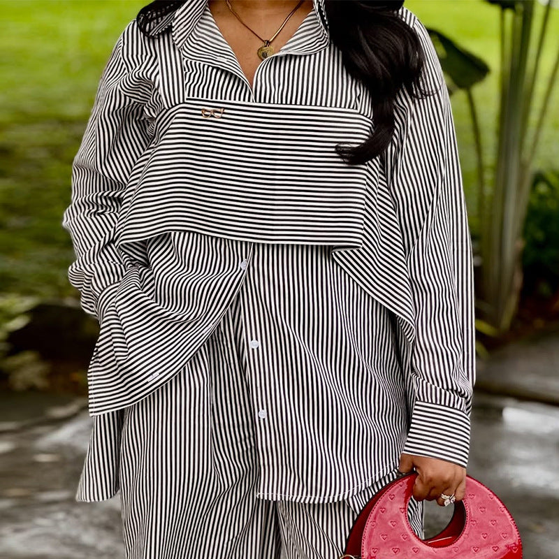 European and american cross-border women's fashion:  autumn new collection - stylish striped long-sleeve shirt and wide-leg pants set