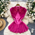 European and american fashion tops for women, summer : french-inspired, unique design, mesh paneling, cinched waist, chic sleeveless blouse