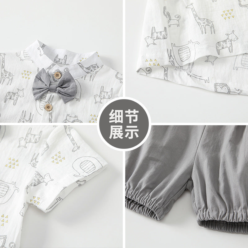 Baby summer outfit set: trendy cartoon animal print shirt & cute casual pants - korean style two-piece set for boys