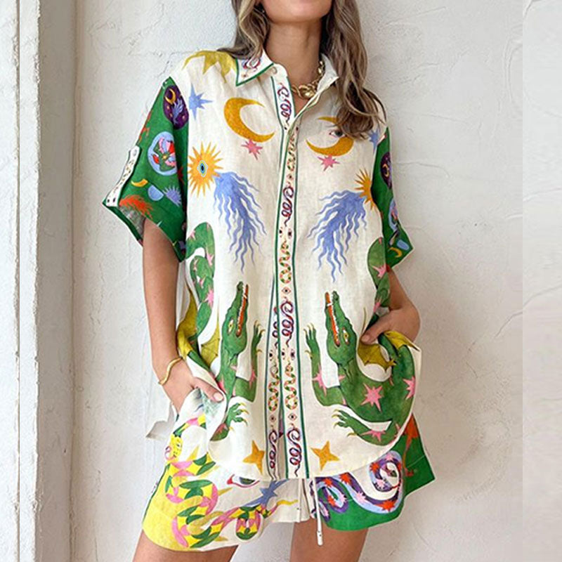 summer new women's fashion casual set - vacation-ready printed shirt and tie-waist shorts outfit