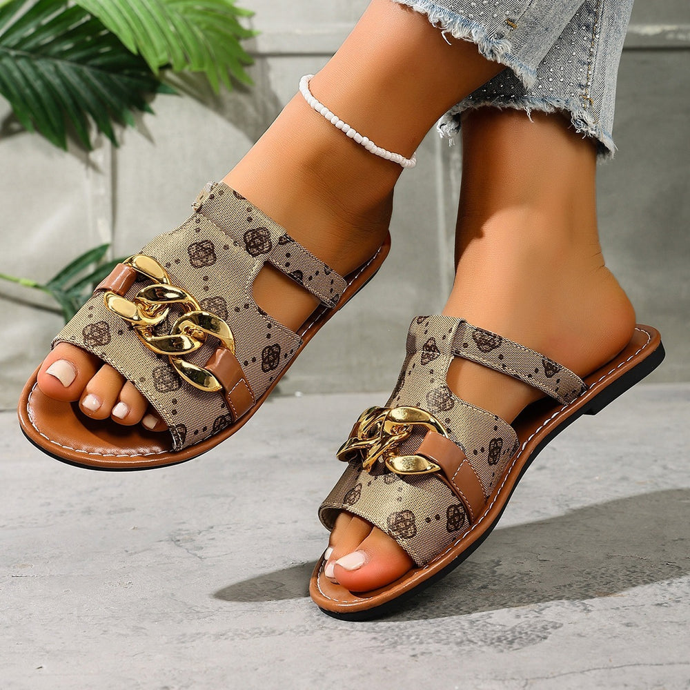 New round-toe printed flat slippers for women,  new cross-border export plus size peep-toe chain buckle slippers