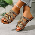 New round-toe printed flat slippers for women,  new cross-border export plus size peep-toe chain buckle slippers