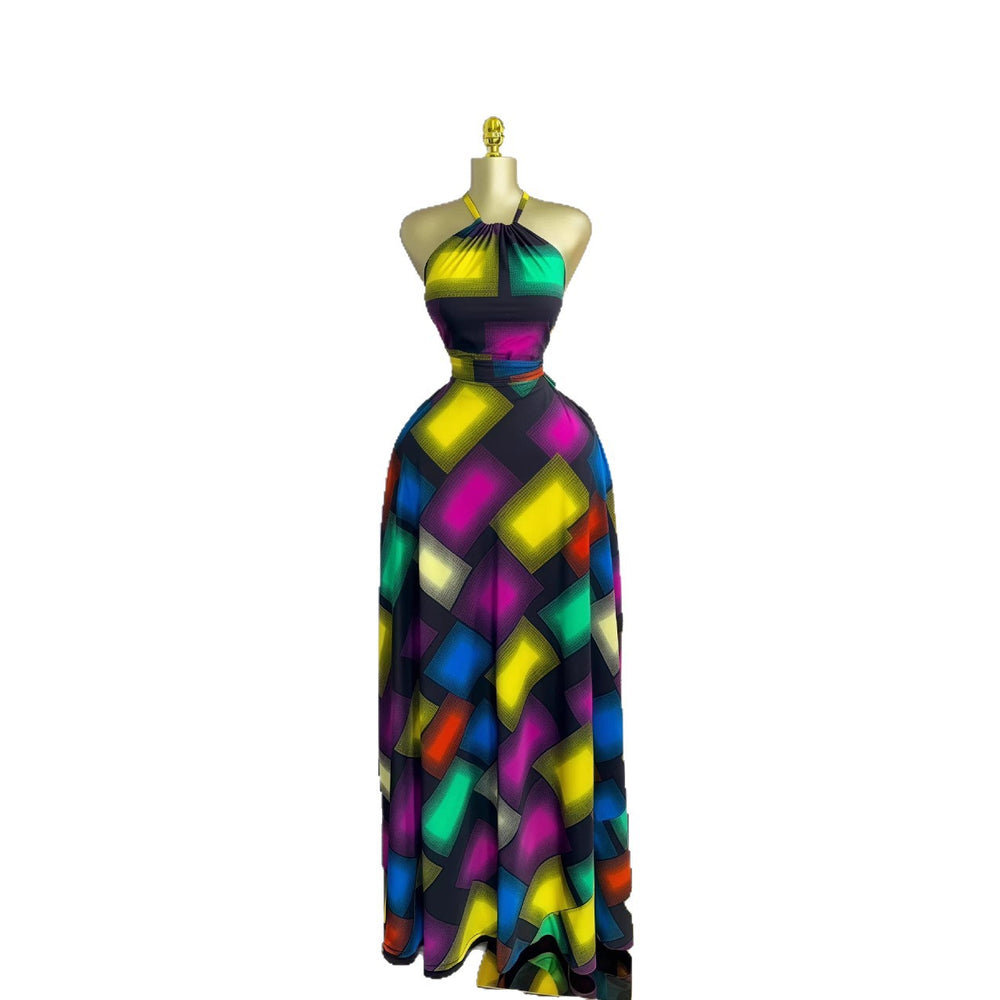European and american cross-border women's fashion  summer new sleeveless halter color block cinched waist tie-up long elegant dress