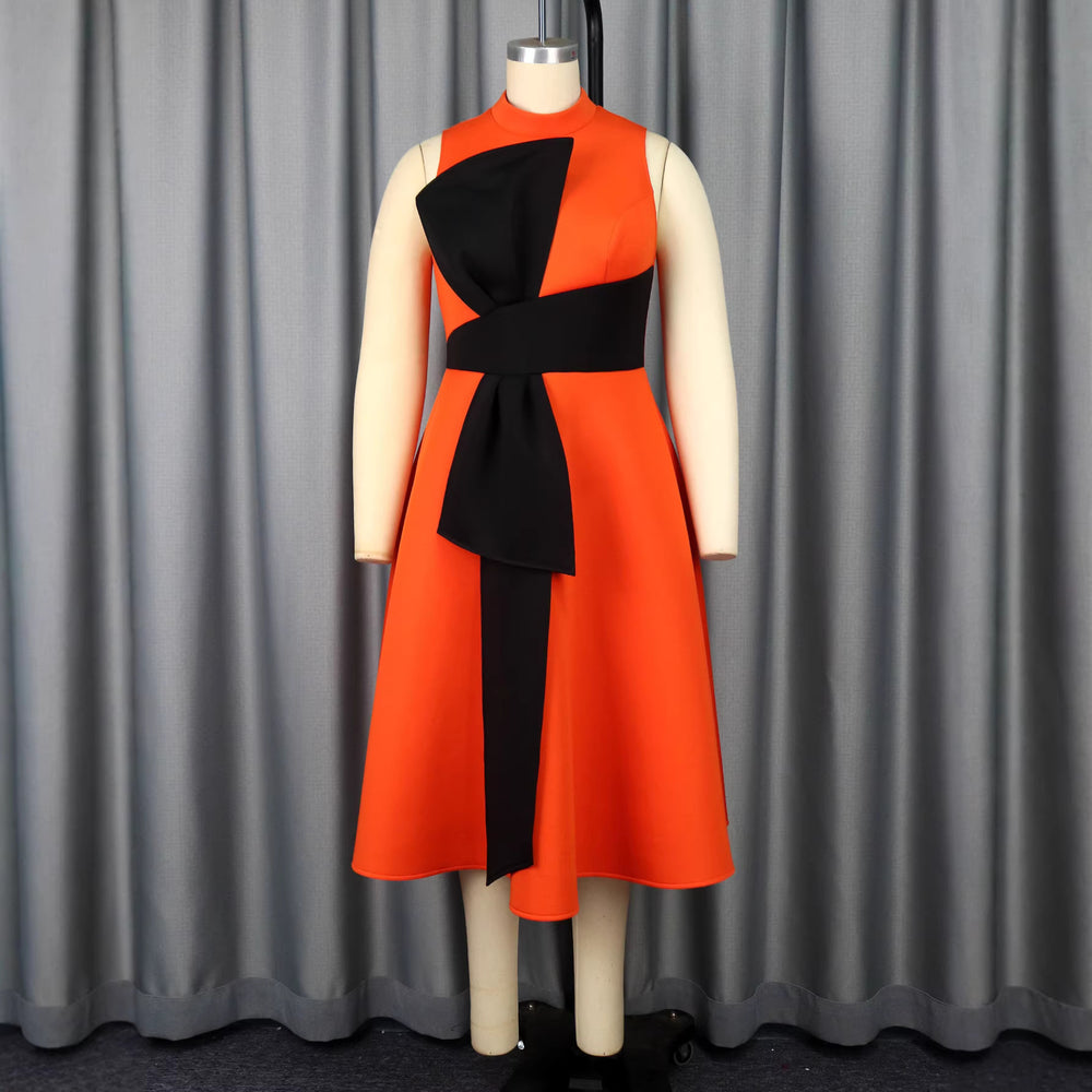 new plus size color block dress - bow tie waist a-line midi party dress
