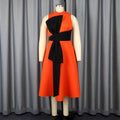 new plus size color block dress - bow tie waist a-line midi party dress