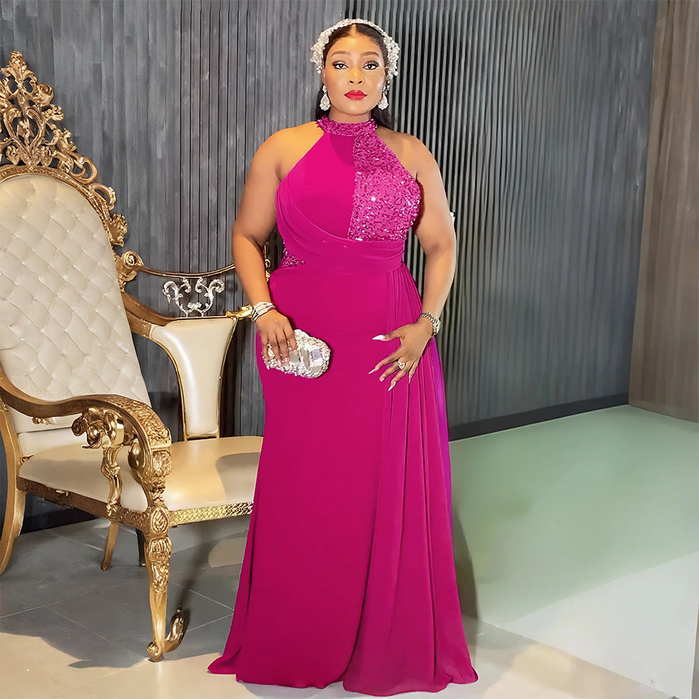European and american plus-size women's long dress - african-inspired, fashionable, elegant, sexy, halter neck, high-end, floor-length, cinched waist evening gown