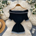 Korean style off-the-shoulder striped knit top - women's summer slim fit white short sleeve top -  new arrival base layer