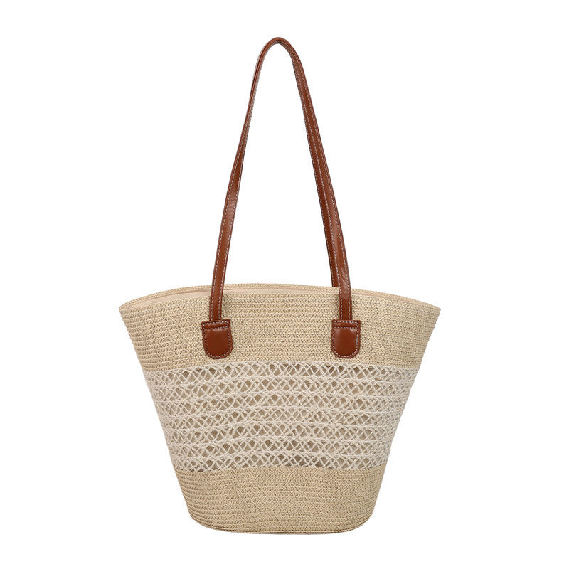 Large capacity straw woven bag women's new patchwork striped handbag fashionable knitted bag high-end tote beach bag