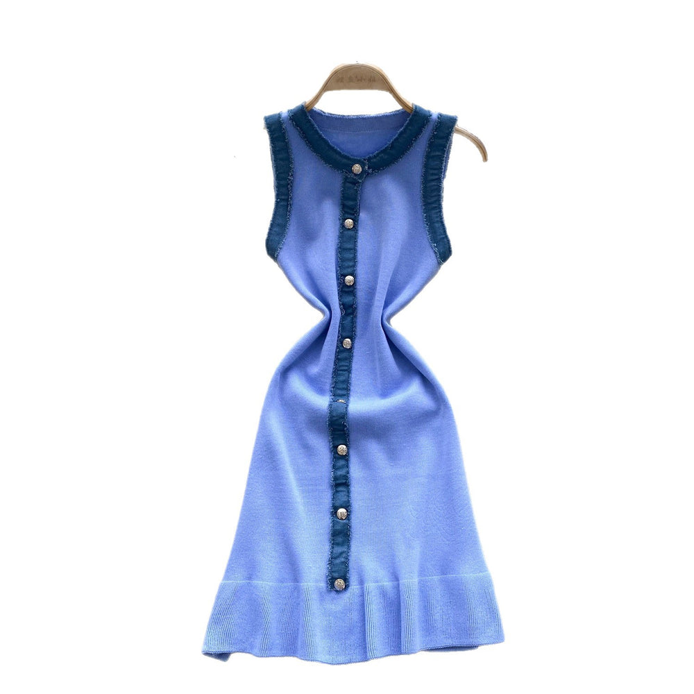 Classy sense of niche fashion denim patchwork sleeveless dress women's summer waist silmknitting skirt vest short skirt