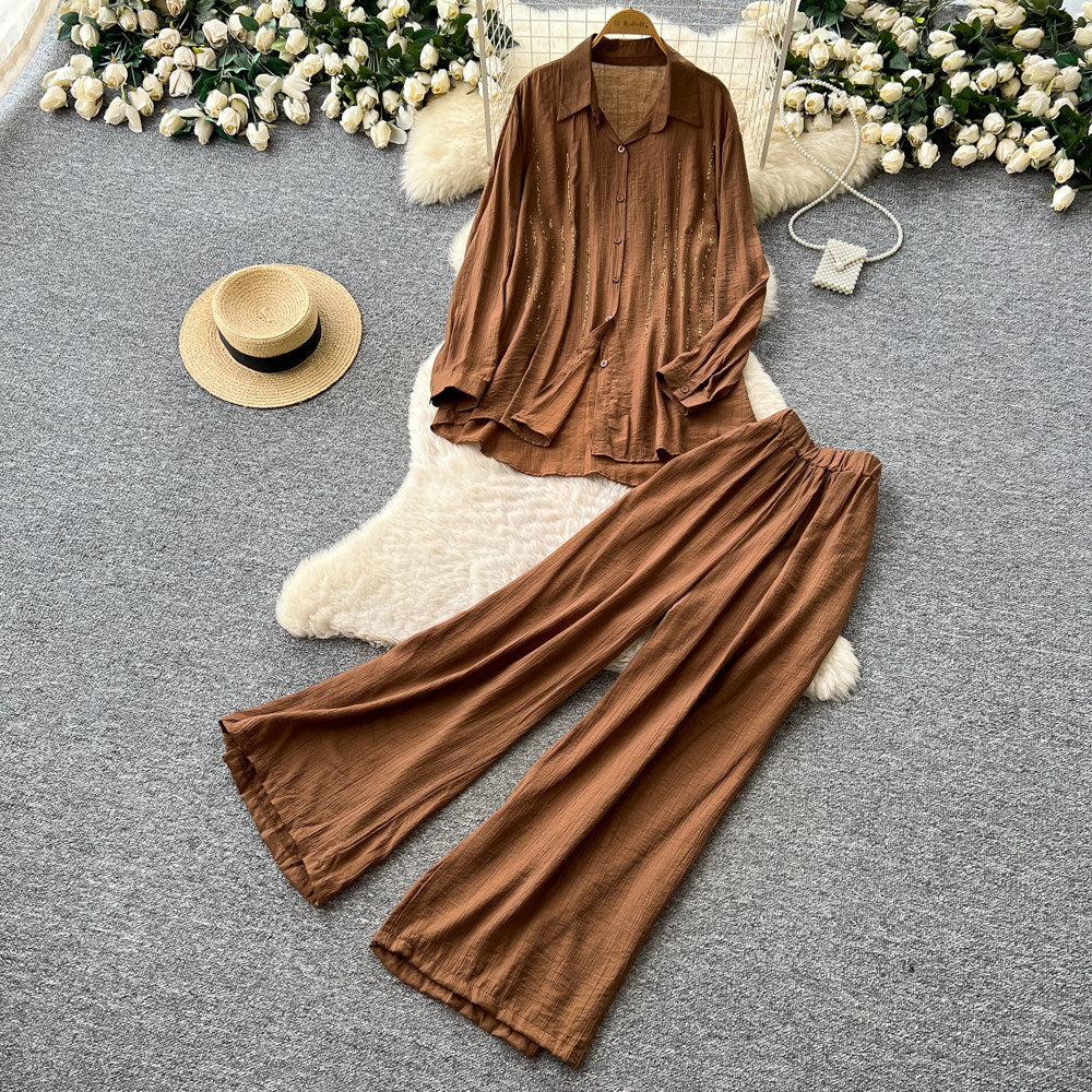 Lazy style red shirt loose pantstwo-piece set female autum lapel fashionloosework clothingfashionablesuit