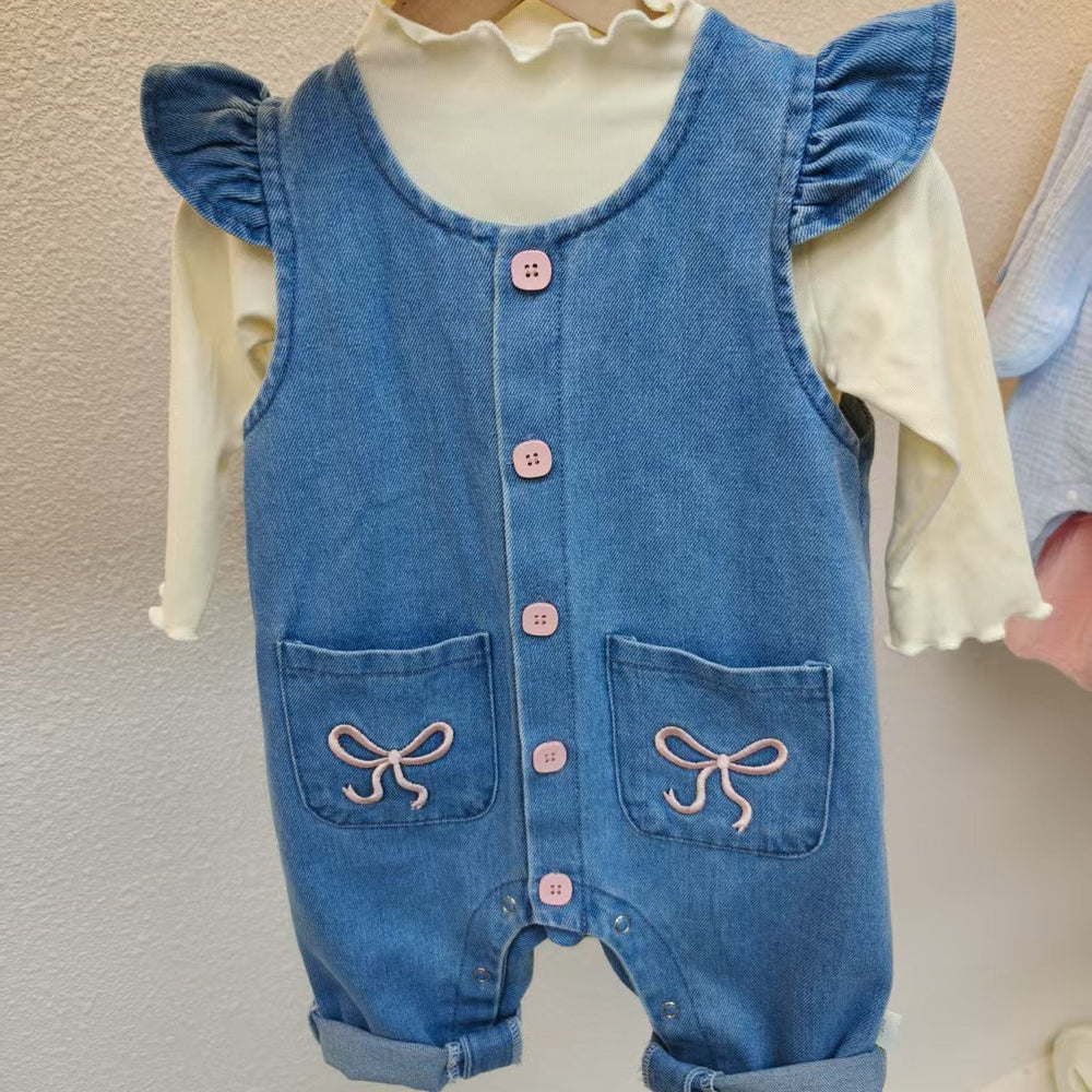 Autumn new arrival baby girl denim overalls baby onesie suitnewborn style princess crawling clothes trendy
