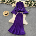 European and american chic tie-waist flared sleeve ruffle hem pleated top + high-waisted mermaid midi skirt set