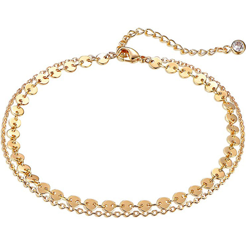 European and american cross-border new jewelry: fashionable minimalist stainless steel sequin double-layer gold-plated anklet - summer beach anklet
