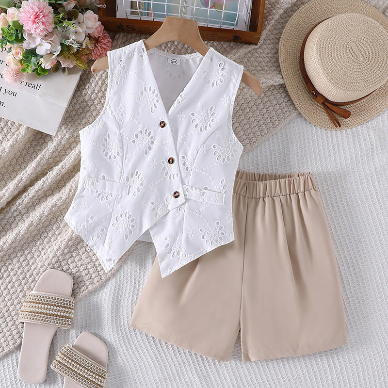 girls' outfit:  spring/summer new arrival - elegant v-neck crochet vest and casual shorts two-piece set
