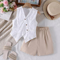 girls' outfit:  spring/summer new arrival - elegant v-neck crochet vest and casual shorts two-piece set