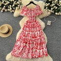 French retro square neck puff sleeve printed dress - women's  summer slimming a-line maxi dress
