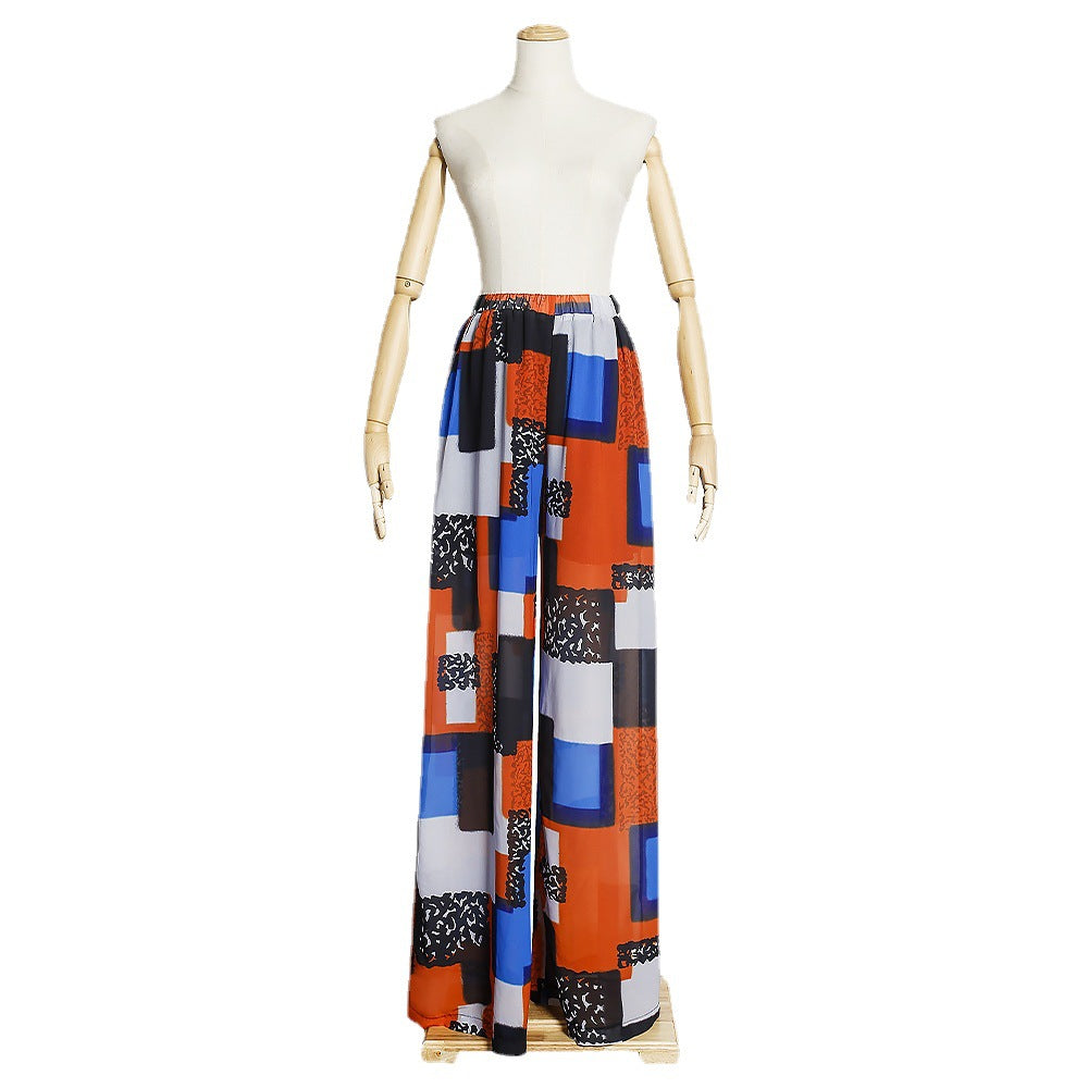 European and american  sun protection patchwork plaid wide-leg pants long trousers african women's plus size robe two-piece set