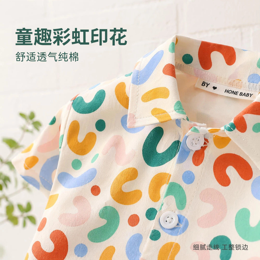 Dopamine colorful print kids' short-sleeve shirt summer set, infant casual shorts two-piece outfit, korean style