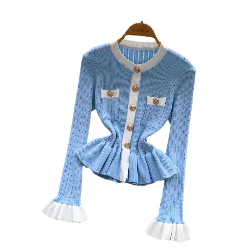 French chic chanel-inspired color block knit top with metallic buckle detail - women's slim-fit long sleeve base layer for autumn