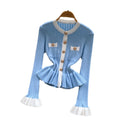 French chic chanel-inspired color block knit top with metallic buckle detail - women's slim-fit long sleeve base layer for autumn