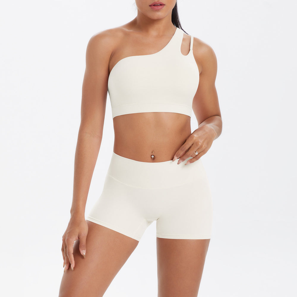 New arrival cross-border fashion double-sided nylon brushed single-shoulder yoga suit sports running fitness two-piece set for women