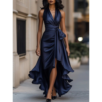 New european and american independent website style: cross-border satin v-neck, cinched waist, ruffle hem, elegant dress