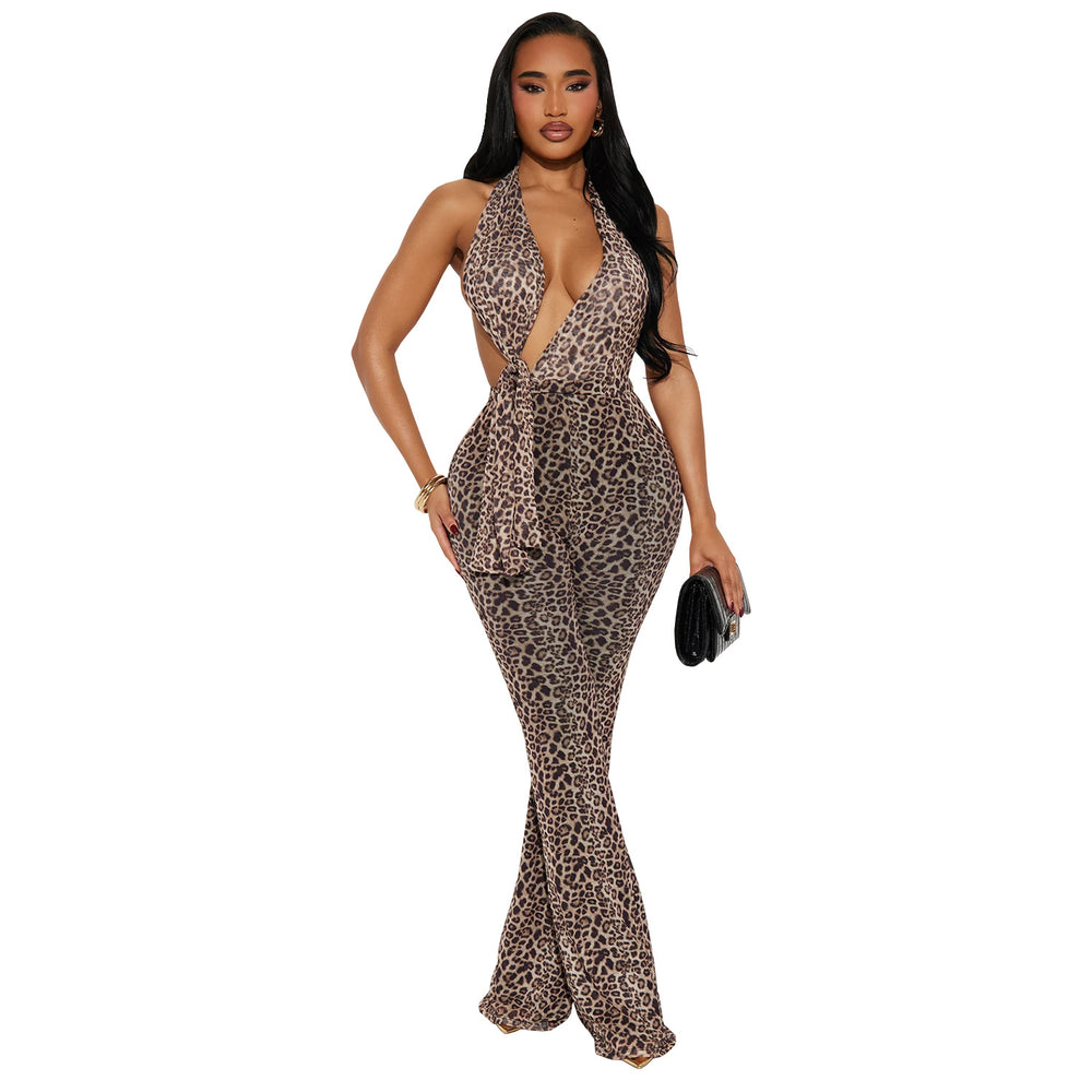 C7495 cross-border   fashion women's sexy leopard print halter neck sleeveless jumpsuit