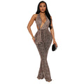 C7495 cross-border   fashion women's sexy leopard print halter neck sleeveless jumpsuit